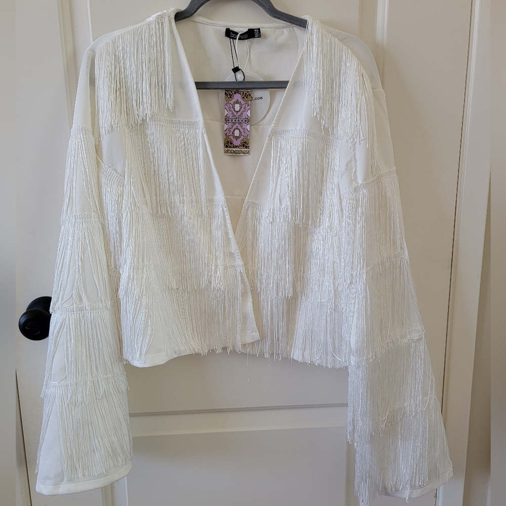 Ivory Boohoo Western Fringe Jacket